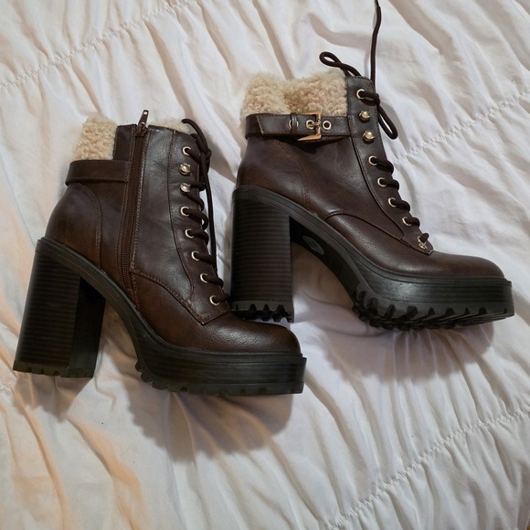 Dark Brown Faux Leather Platform Combat Boots with Shearling Trim and Block Heel - Picture 2 of 16